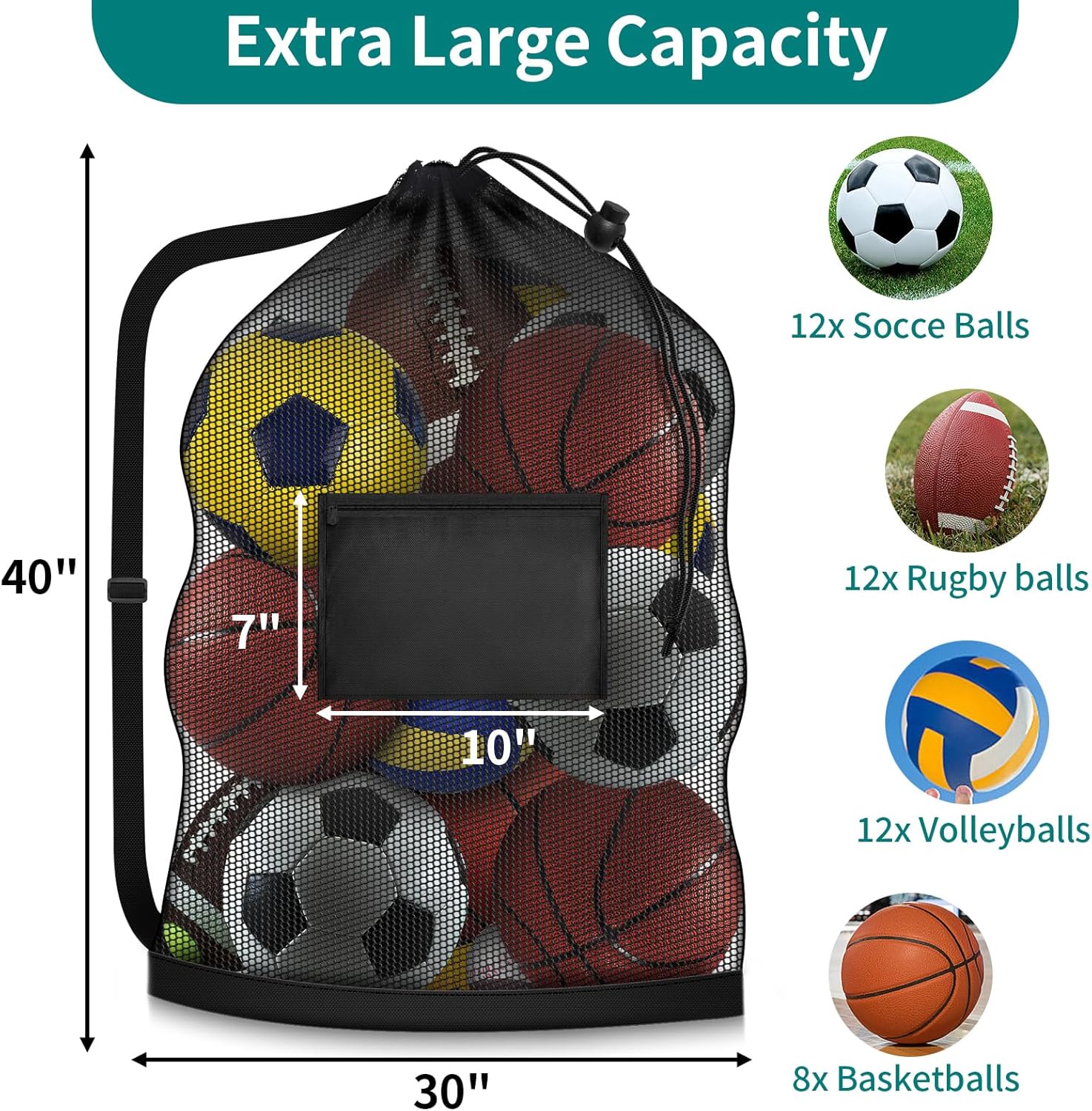 Football bag - Extra large - 40" x 30" - Drawstring - Mesh - Ball bag - With pockets - Mesh sports bag - Basketball, volleyball, fitness equipment, swimwear — image 2