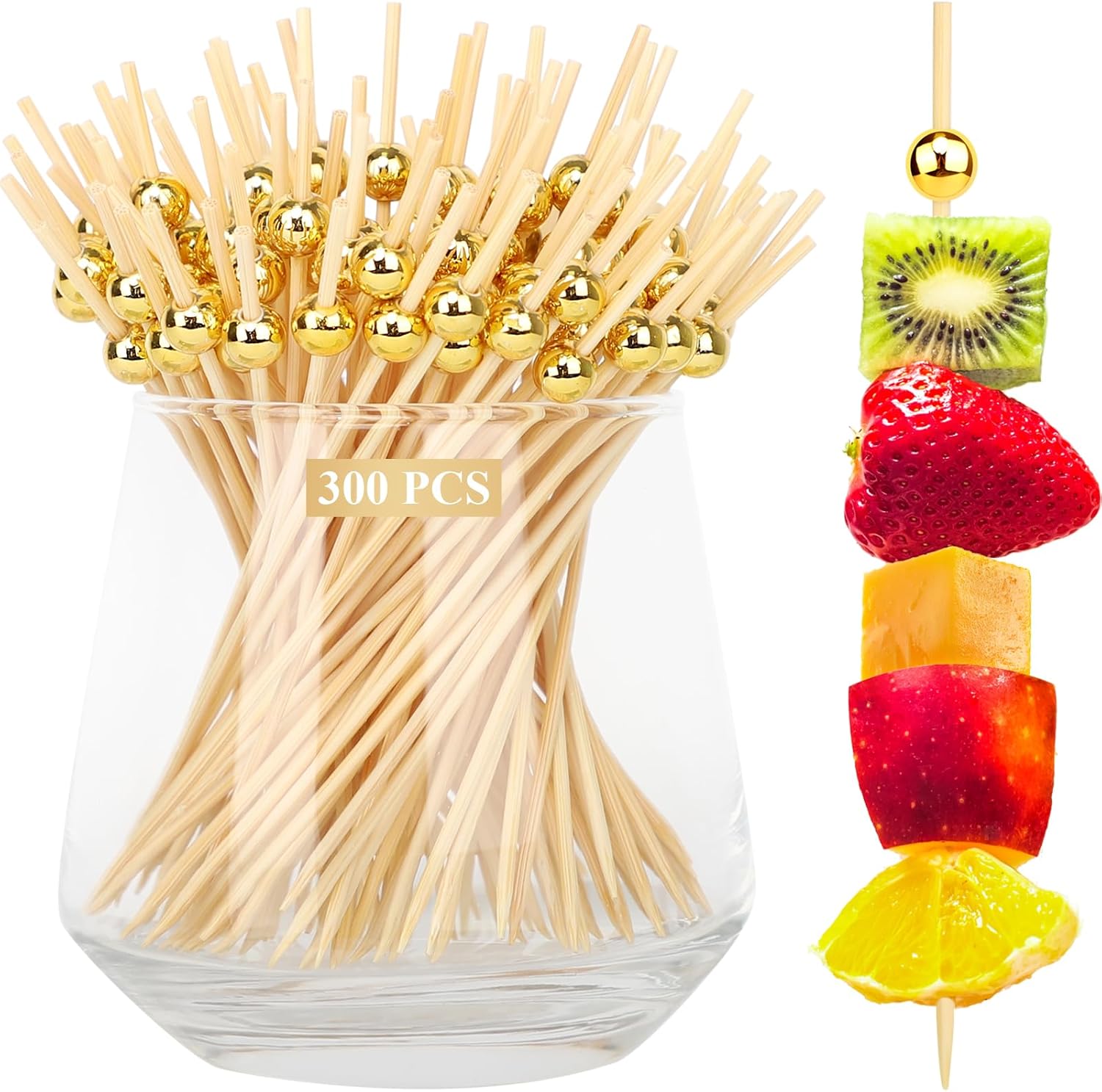 [300PCS] Cocktail Picks, Fancy Toothpicks for Appetizers Drinks Food Fruit, 4.7 IN Long Decorative Bamboo Skewers, Gold Pearl Wooden Garnish Sticks for