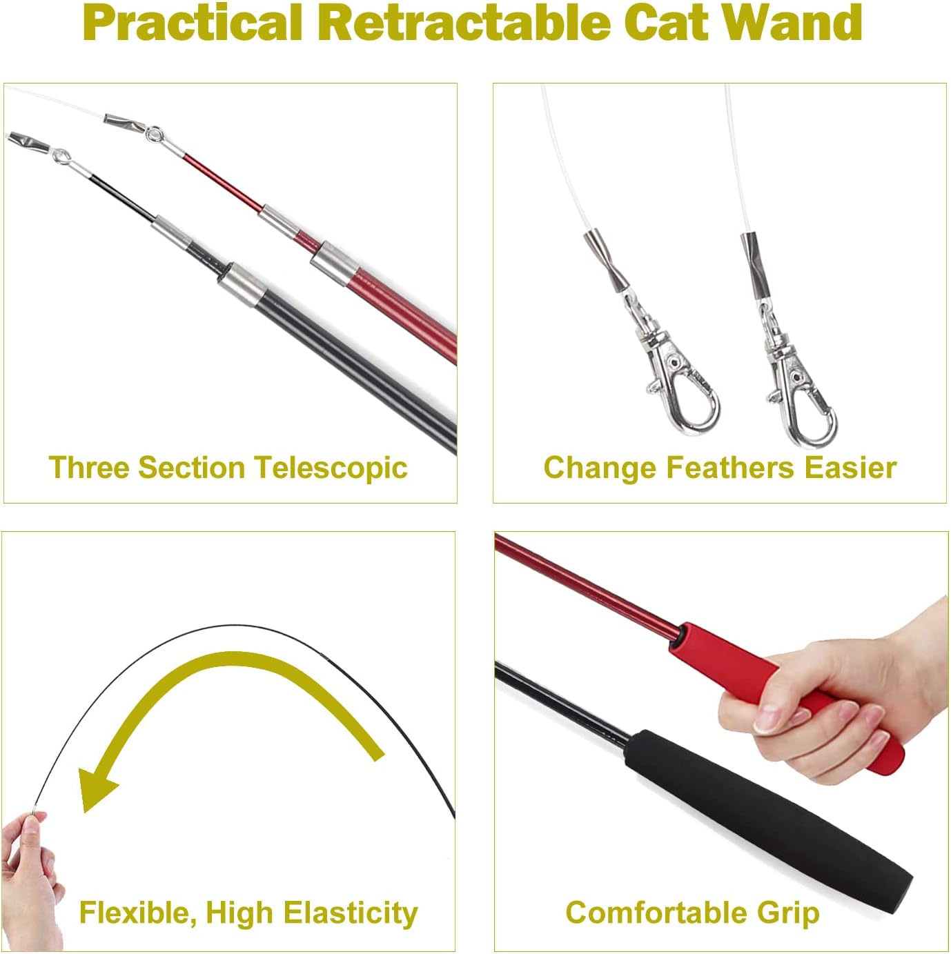 Huidcom Cat Feather Toy Retractable Cat Toys Wand with 2 Wands & 9 Assorted Teaser Refills Interactive Feather Teaser Wand Toy with Bell for Kitten Or Cat — image 4