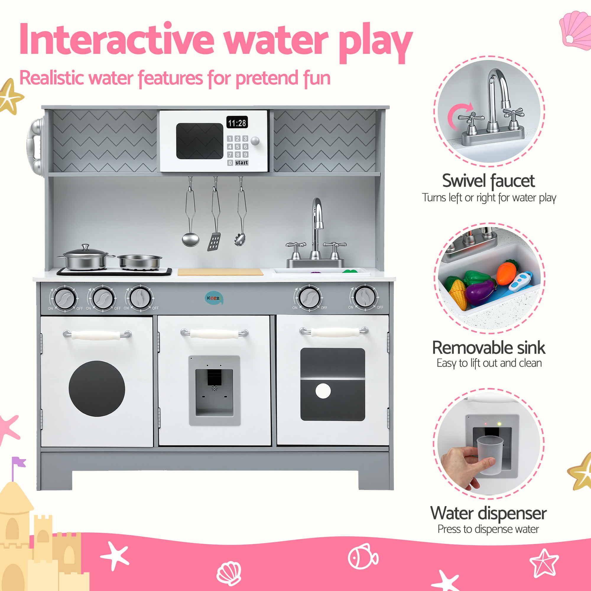 Keezi Wooden Play Kitchen Pretend Kitchen 82cm Kids Toy Food Set Grey โ image 6