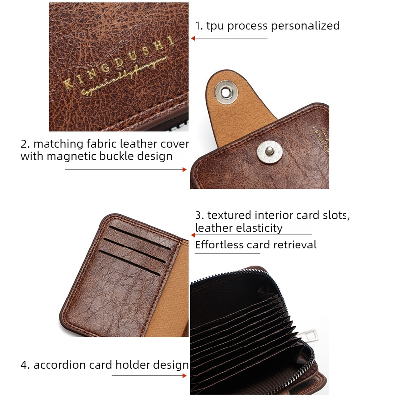 Vintage Waxed PU Leather Card Holder Wallet, Snap Button Zipper Coin Purse, Multi-Card Slot Mini Credit Card Case for Men and Women (Black) โ image 4
