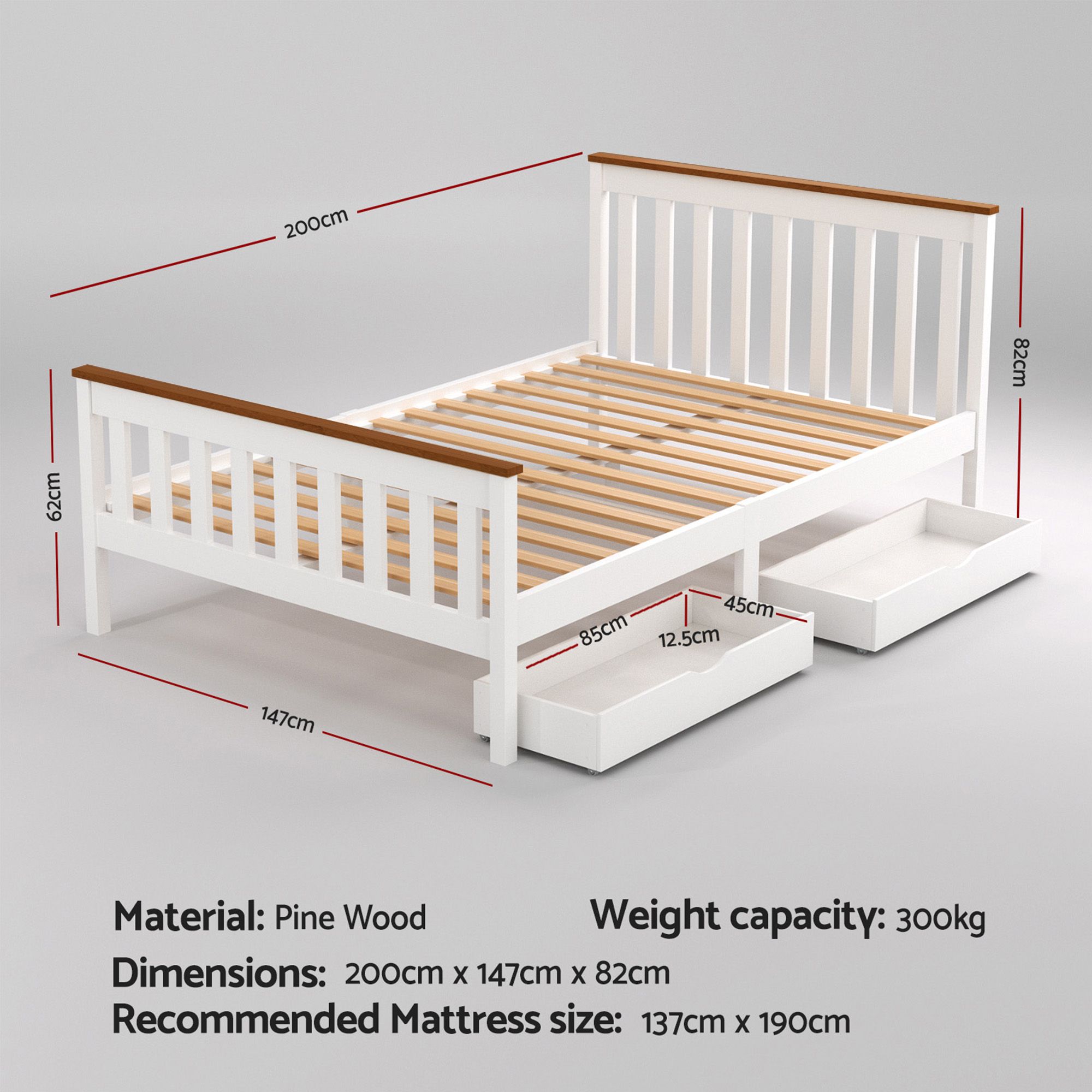Artiss Bed Frame Double Size Wooden Platform with 2 Storage Drawers White PONY — image 2