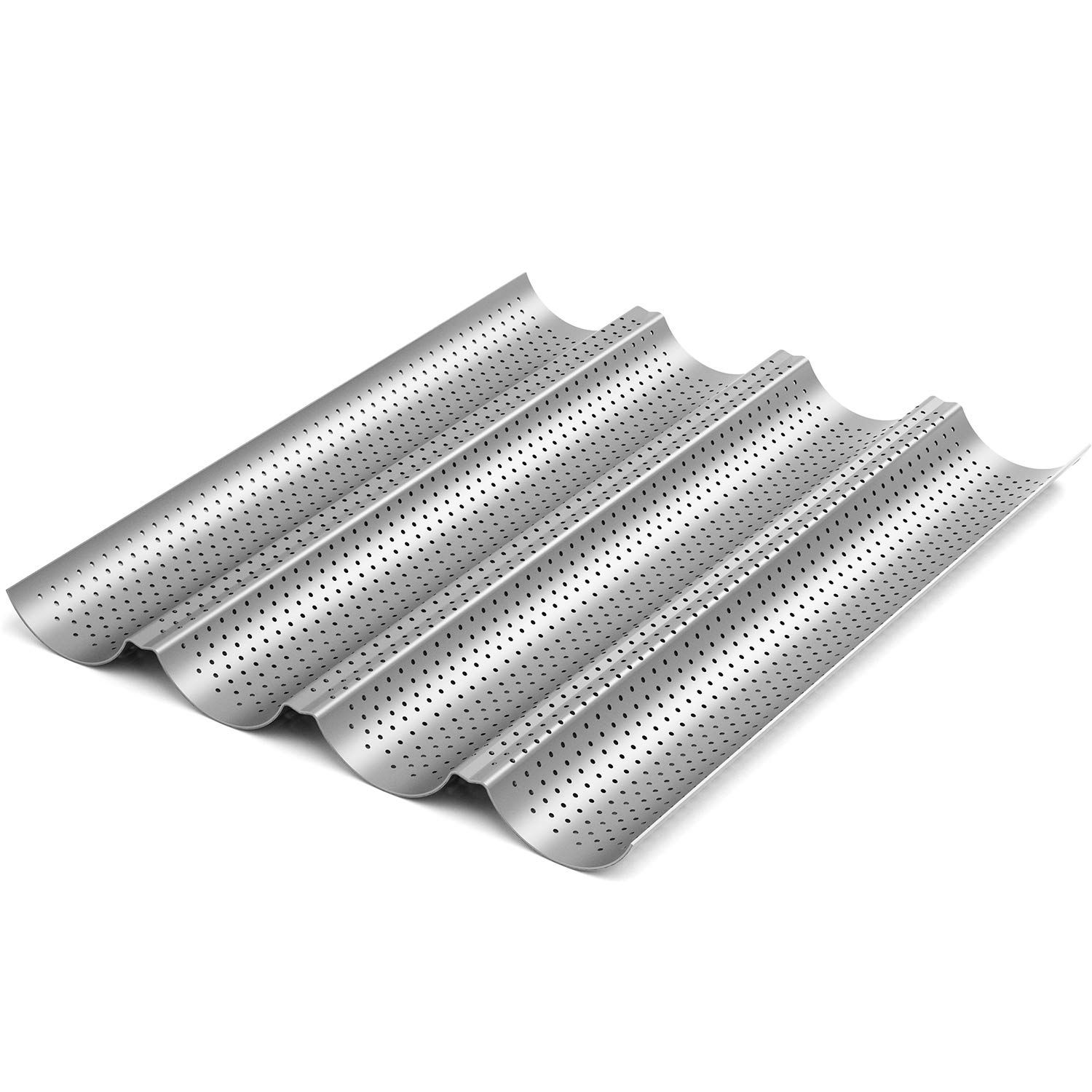 2 Pack Nonstick Perforated Baguette Pan 15" x 13" for French Bread Baking 4 Wave Loaves Loaf Bake Mold Oven Toaster Pan (Silver) — image 3