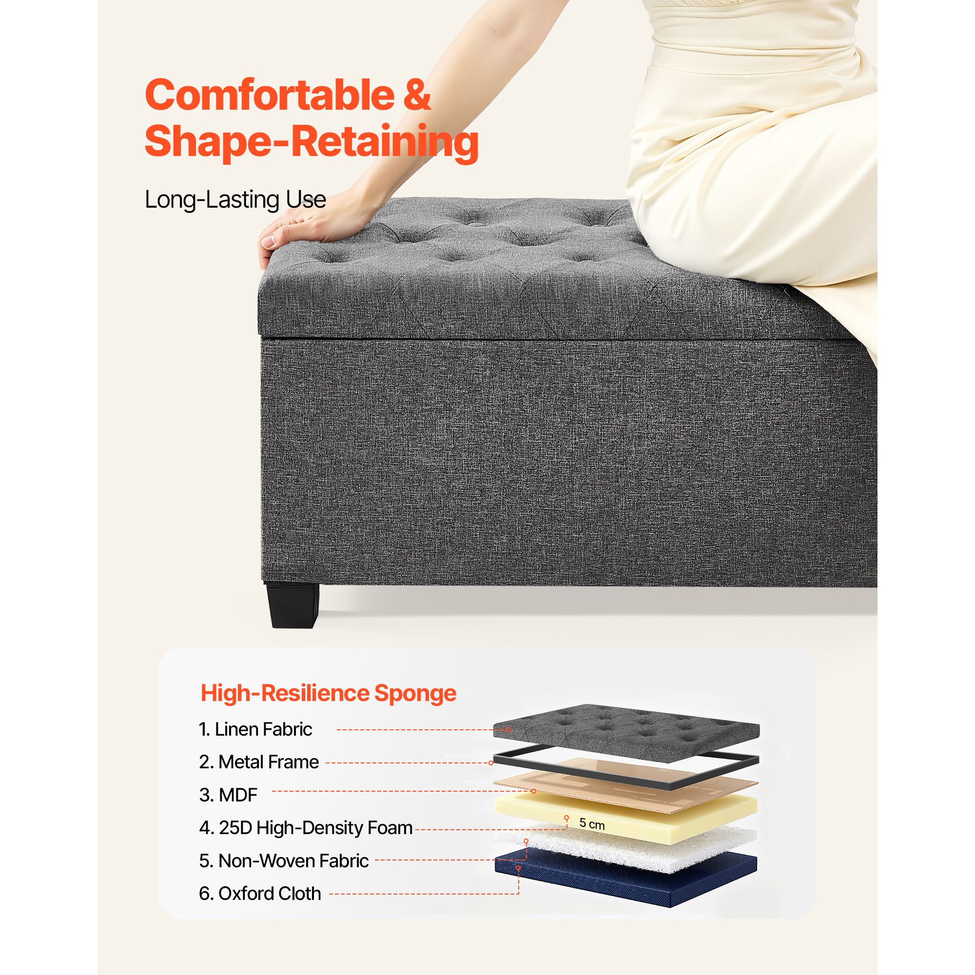 Storage Ottoman Bench, Button-Tufted End of Bed Bench with Side Bags, Flip-up Upholstered Storage Chest with Metal Frame, Linen Bed Ottoman for Living Room — image 4