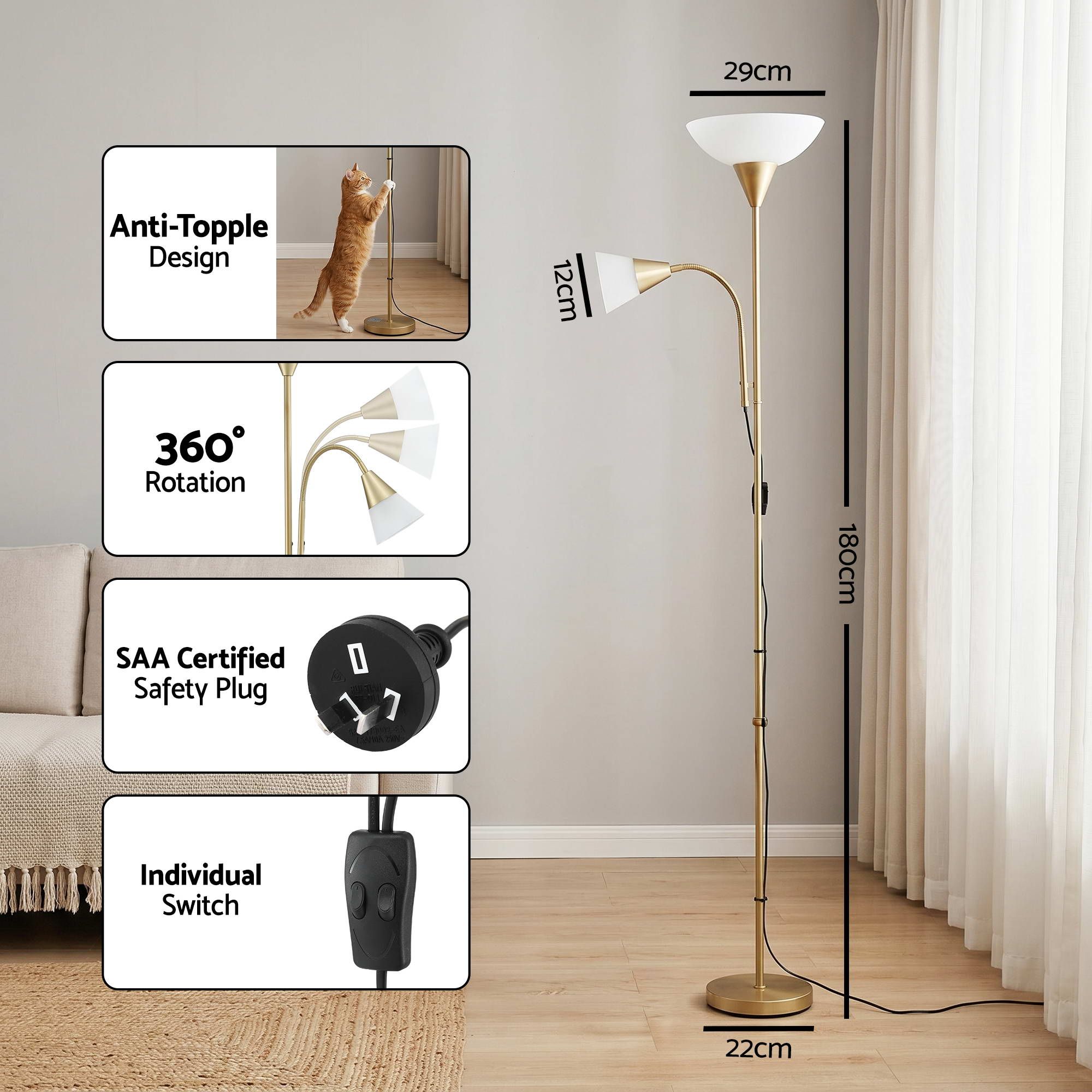 Artiss Gold Floor Lamp with Reading Light | Mother and Child Standing Lamp with 360 Flexible Gooseneck, Individual Switch & Plate Shade, E27 & E14 Bulb (Not — image 2