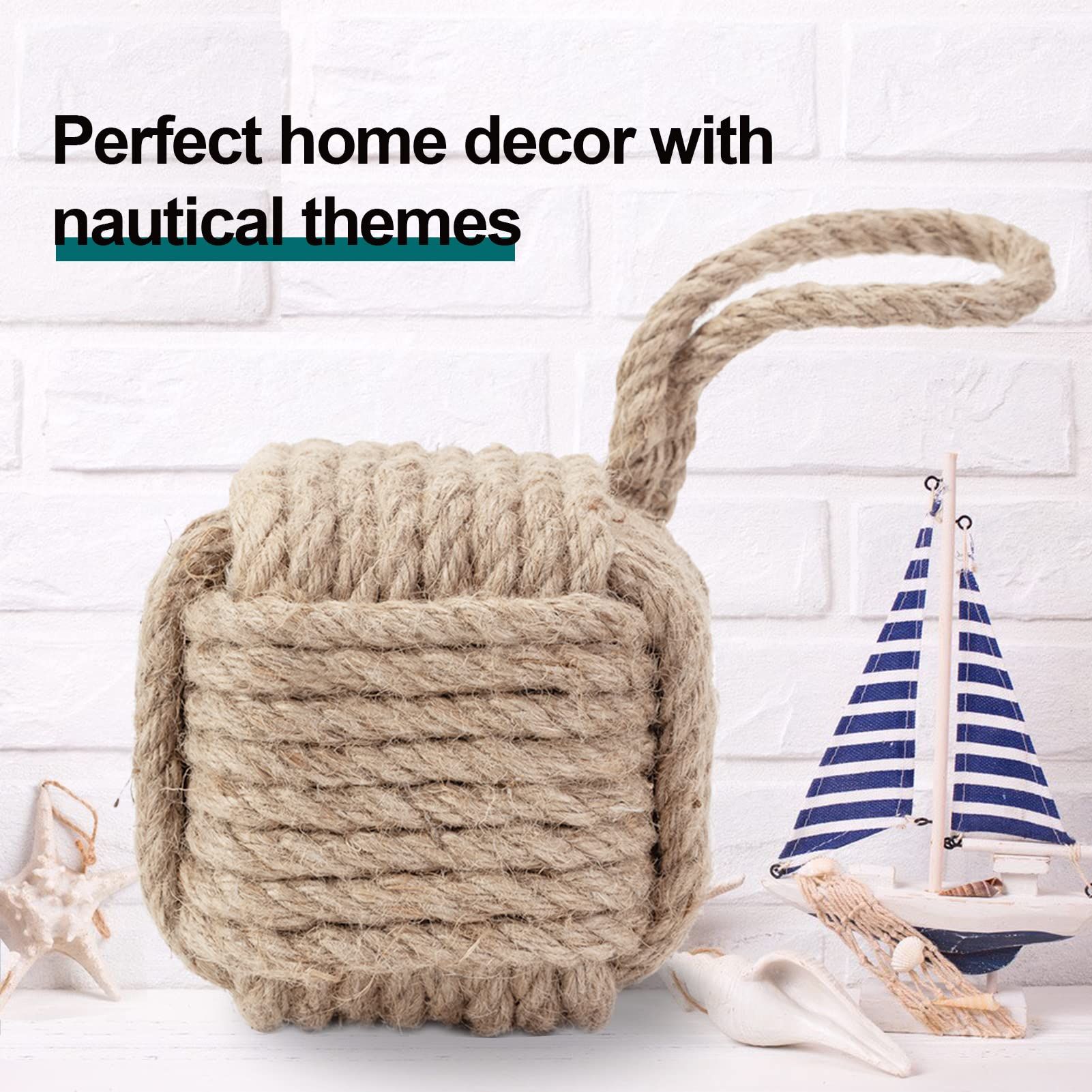 Rope Knot Door Stops Decorative Nautical Door Stopper Handmade with Handle, Jute Weighted Interior Doorstop Sailor (5"x5”, 4.4lbs) — image 4