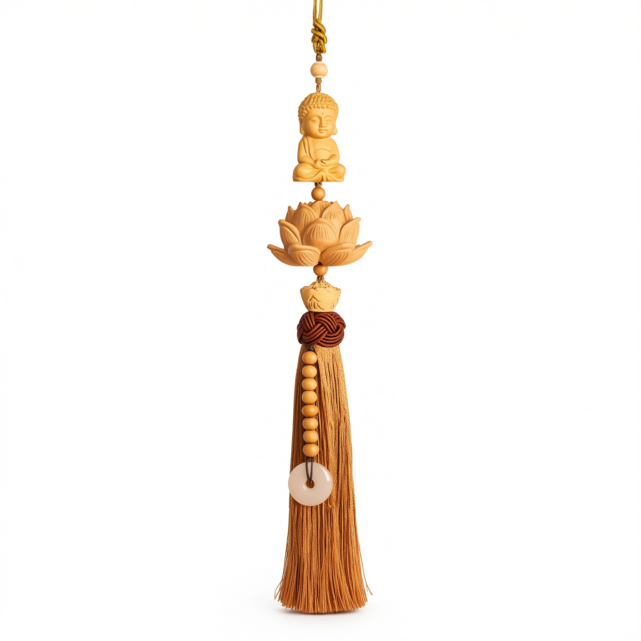 Tan hui Boxwood Lotus Car Hanging Ornament Little buddha [boxwood lotus] light coffee tassel style [car hanging + exquisite gift box] — image 3