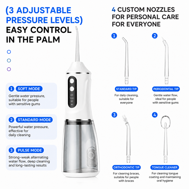 Pink Rechargeable Water Flosser Oral Irrigator with 3 Pressure Modes & 4 Nozzles - 380ml Detachable Tank, Type-C Charging, 0.6MM Fine Water Flow and โ image 2