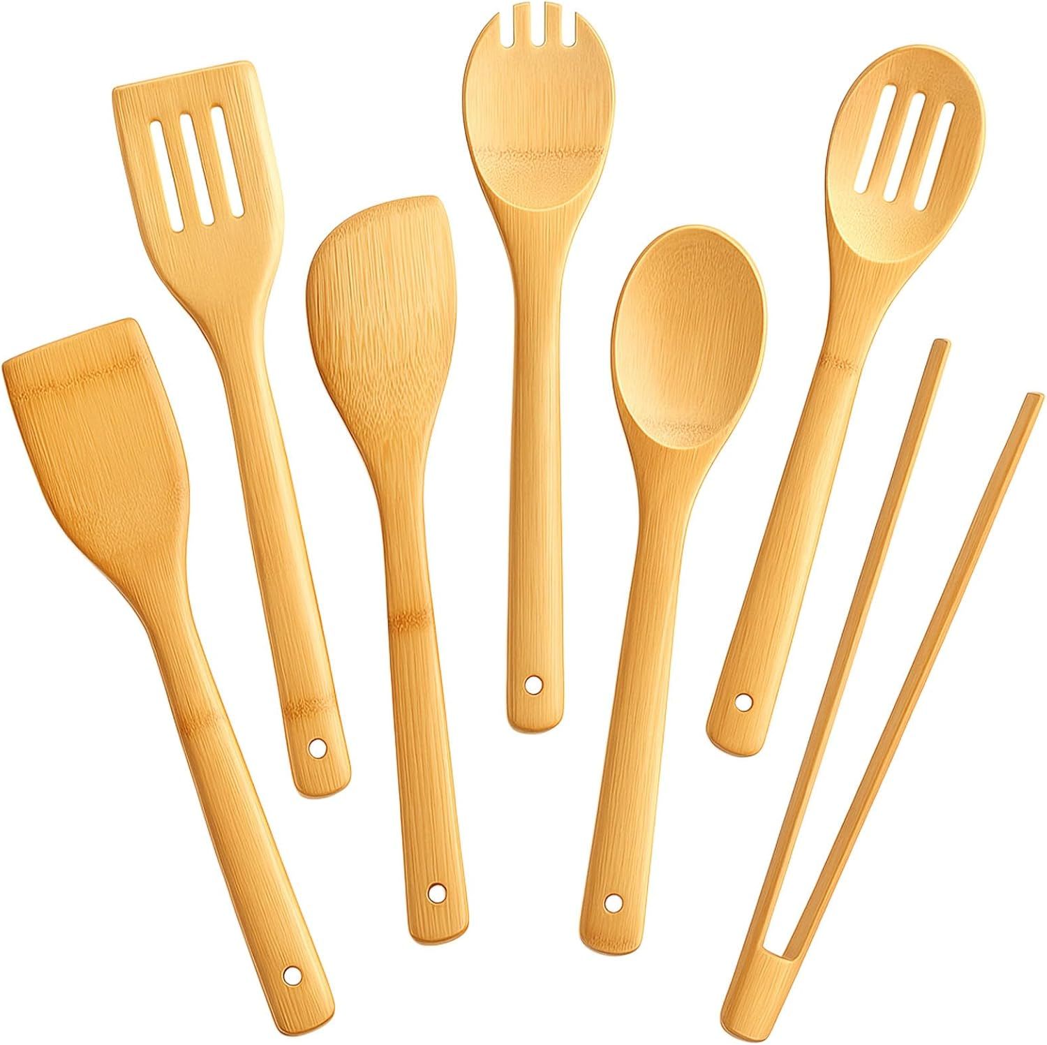 7-Piece Bamboo Kitchen Utensils Set, Wooden Spoons & Spatulas for Nonstick Cookware, Lightweight Heat-Resistant Cooking Tools with Comfortable Grip, Kitchen