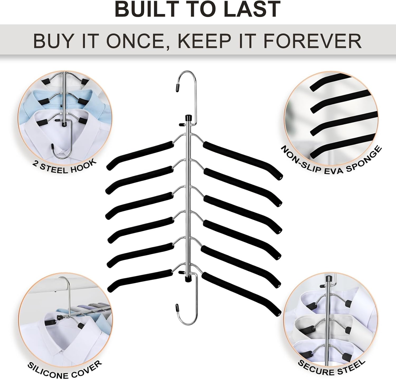 TOPIA HANGER Clothes Hanger Space Saving, 6 Tier Shirt Coat Hangers Space Saving No Bump Shoulder Hangers with No Slip Foam Padded Hangers Closet Organizers — image 5