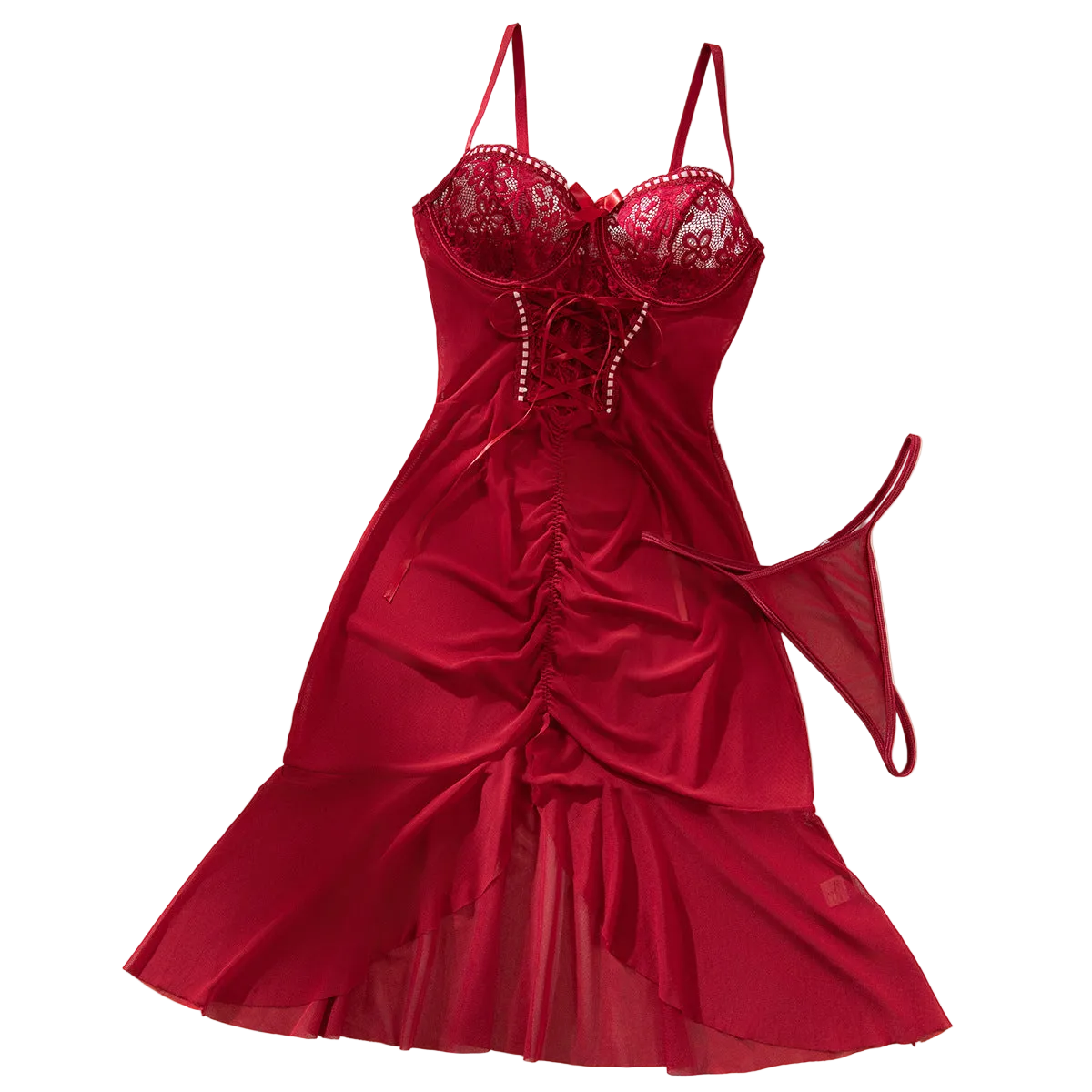 House Of Dasein Cross Border Sexy Lace Transparent Temptation Ultra Thin Mesh Dress And Thong Set - Wine Red - M