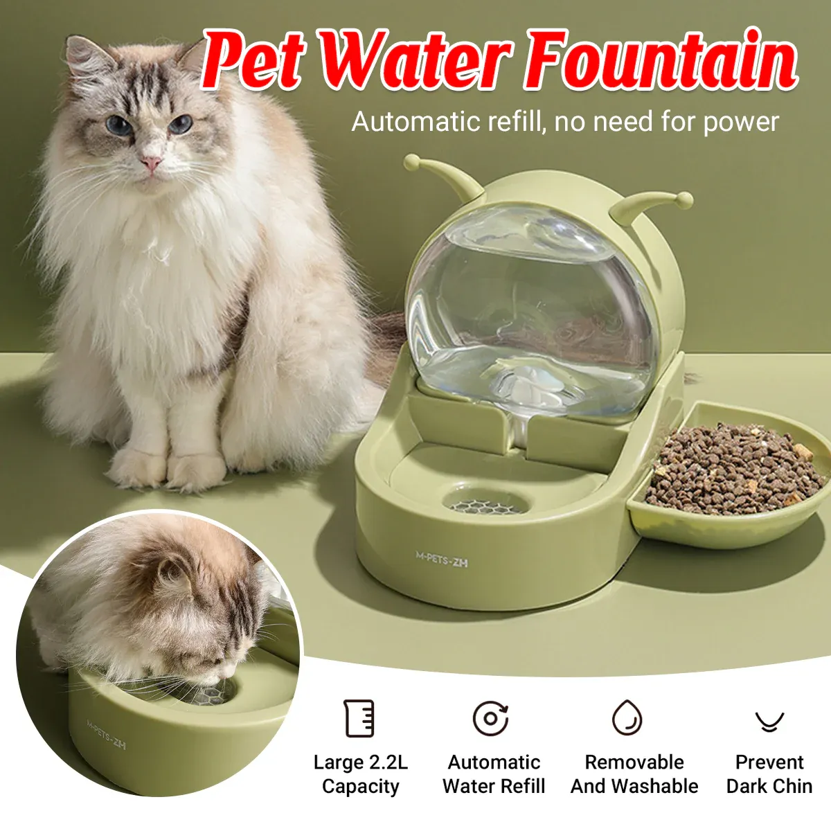 2.2L Large Capacity Pet Water Fountain with Food Bowl Auto Circulation Filtered