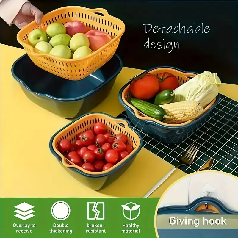 Double layer contrasting color fruit and vegetable drain basket, INS style design for both draining and storage, multiple sizes stackable, healthy PP material โ image 5