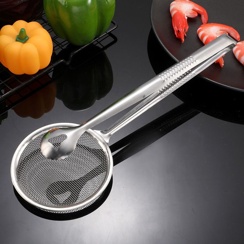 2 in 1 Stainless Steel Fine Mesh Strainer With Clip Tongs Oil Filter Spoon Multi-functional Reusable BBQ Filter Clamp Strainer — image 2