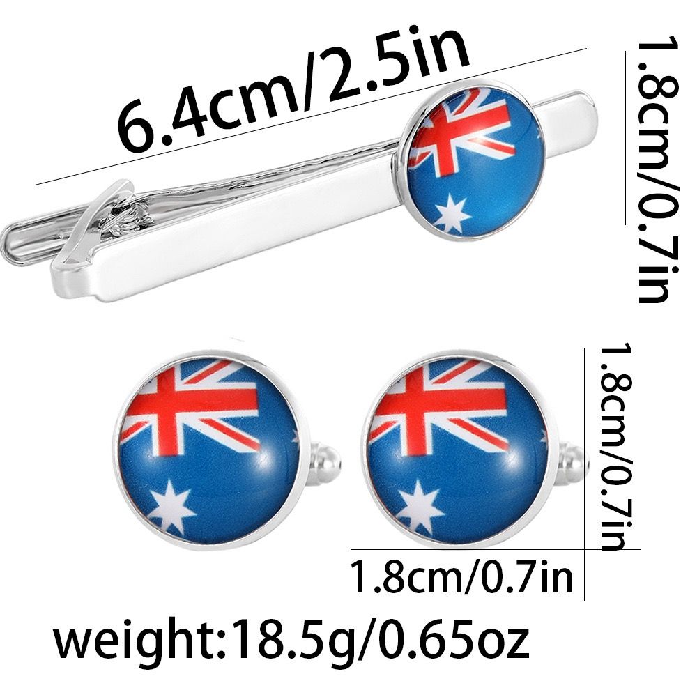 Elevate formal style with this sleek tie clip and cufflink set, showcasing vibrant flag-inspired circular enamel inlays on polished silver-toned metal, perfect β image 2