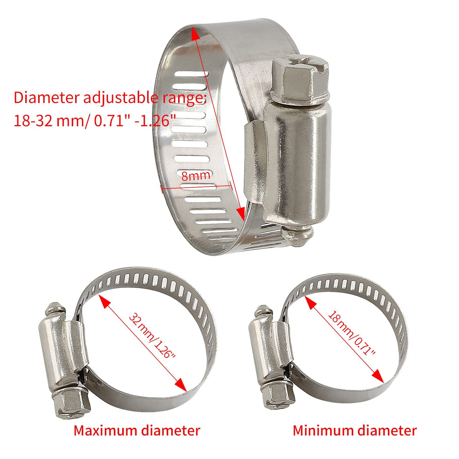 5 Pcs Stainless Steel Hose Clamps, Adjustable 18-32MM Range Worm Gear Hose Clamps for Pipe, Intercooler, Plumbing — image 2