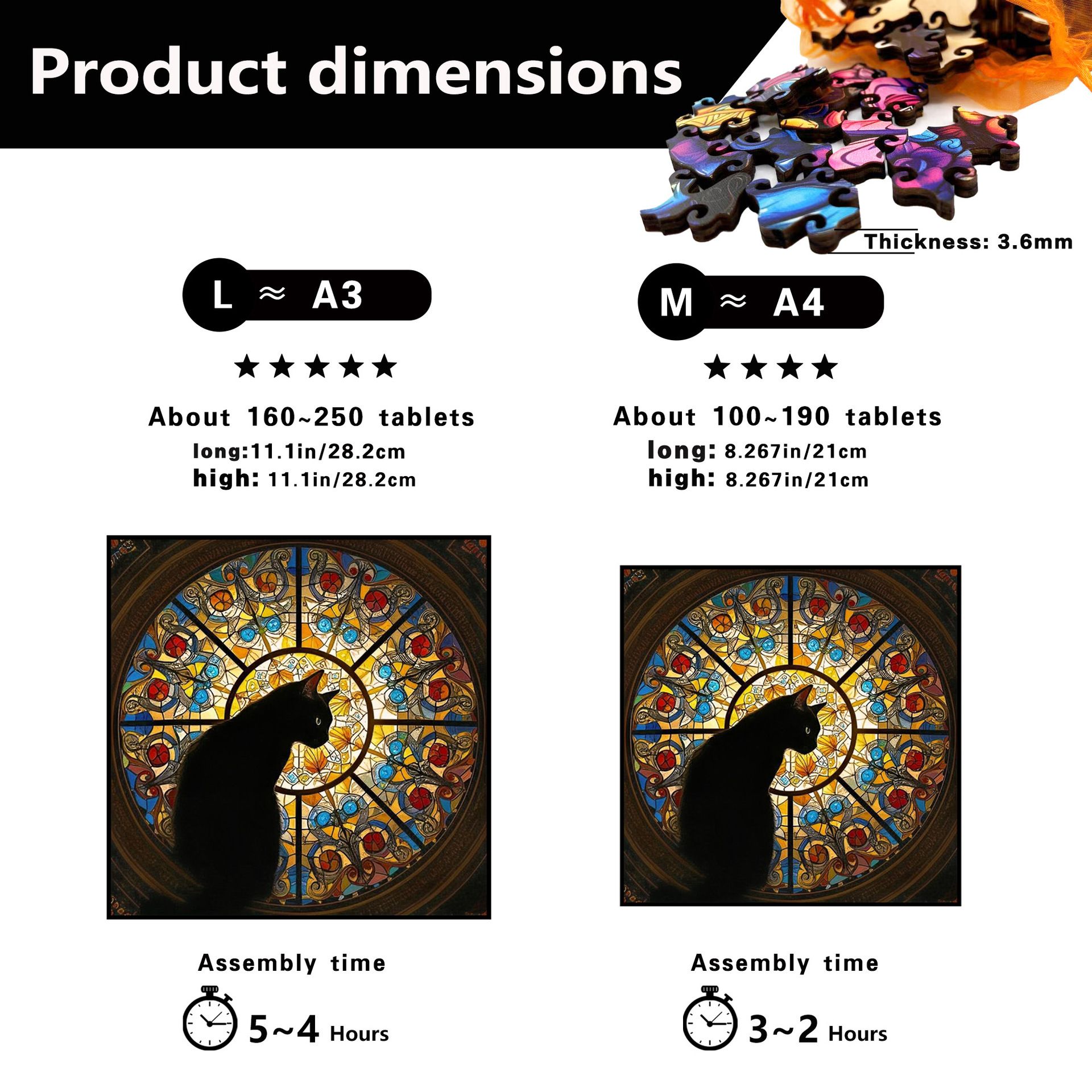 L size Cat Stained Glass Wooden Puzzle Irregular Shaped Jigsaw Puzzle High Difficulty Wooden Brain Teaser Cathedral Black Cat Mosaic Puzzle Gift for — image 3