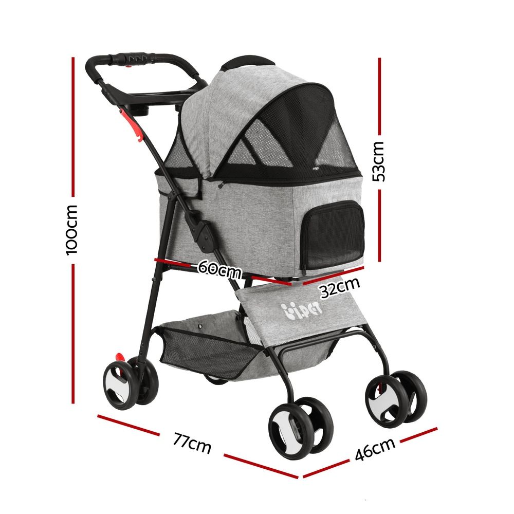 i.Pet Pet Stroller Dog Pram Cat Carrier Travel Large Pushchair Foldable 4 Wheels Grey โ image 3