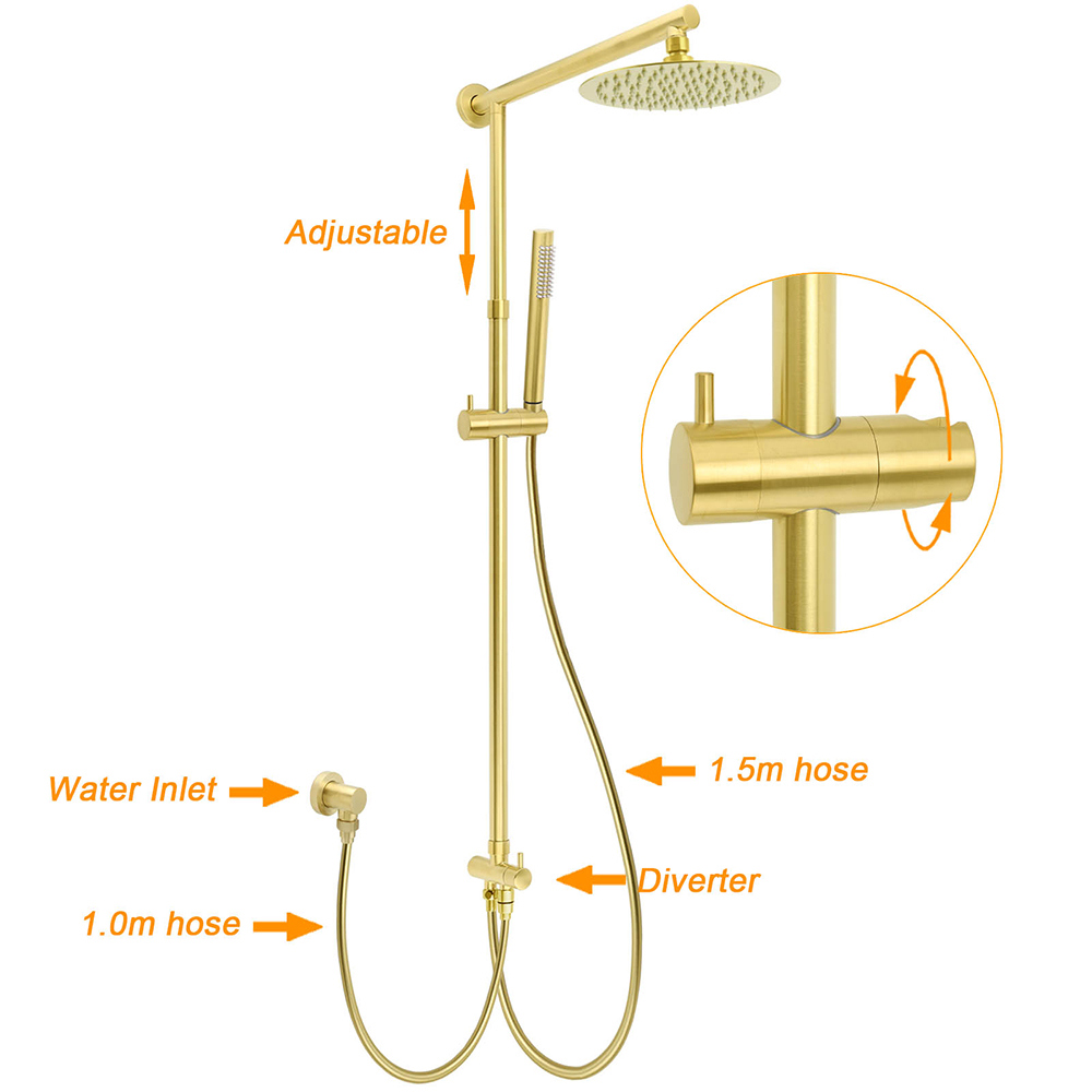 WELS Brushed Gold Shower 8" Round Head Stainless Steel Handheld Rose Sliding Rail Mixer Dual Set โ image 2
