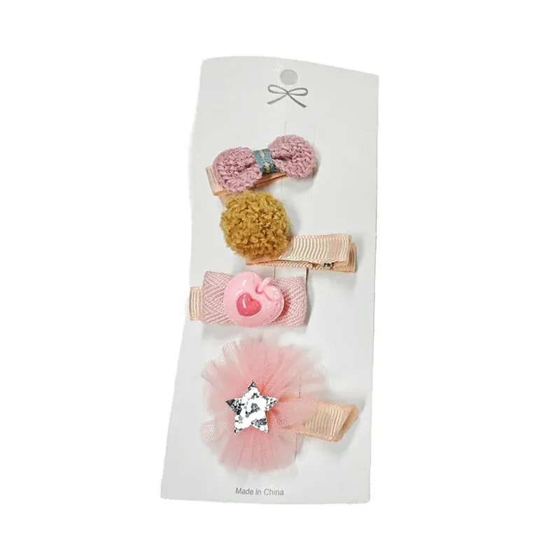 3/4PCS Christmas Hair Clips Set Bow Flower Hairpin Hairgrip Cute Girls Barrettes - Curry Pompoms Set