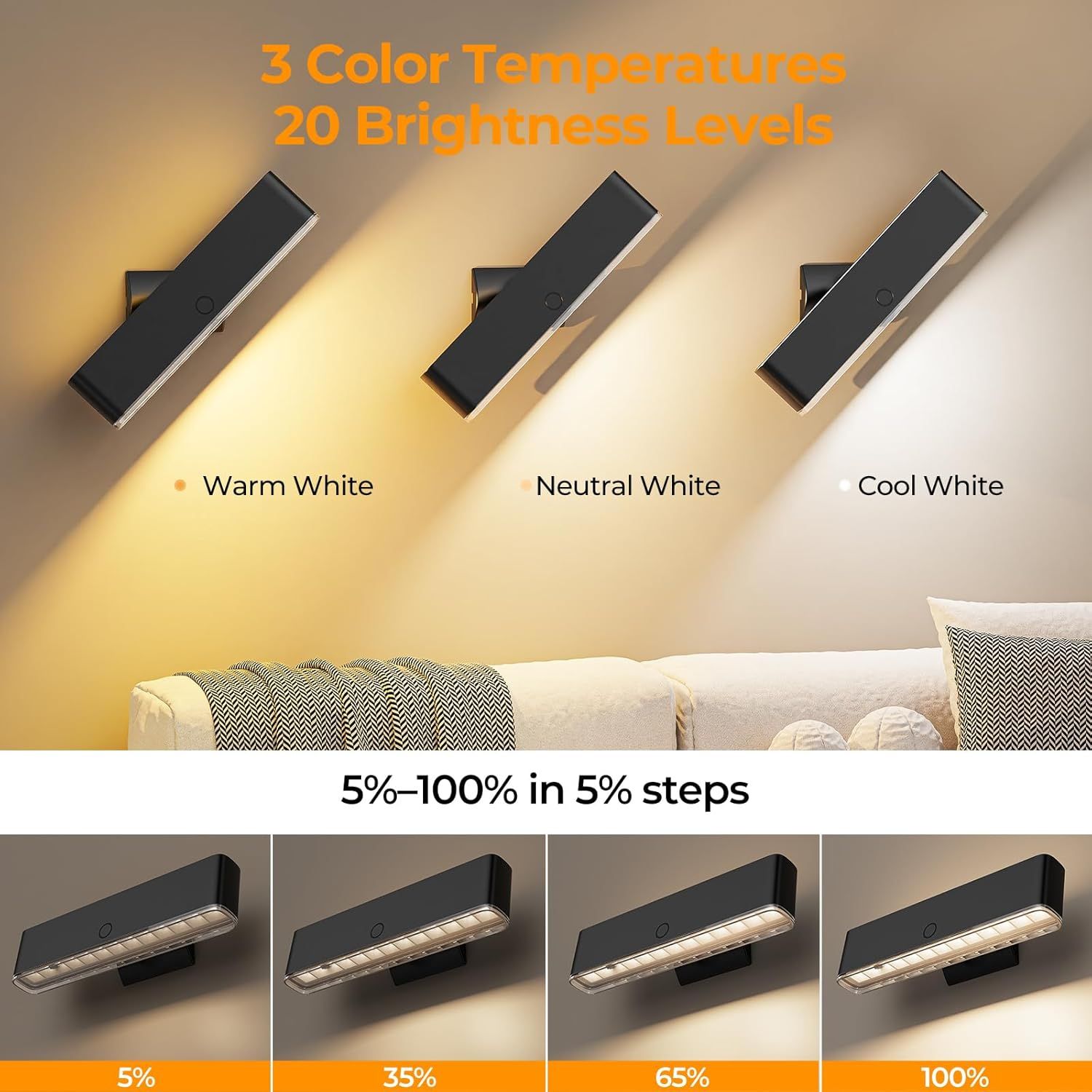 Battery Operated Wall Sconce Set of 2 Wireless Wall Lamp with Remote Control & Touch Control Rechargeable LED Wall Lights 3 Color Temperatures 360° Rotatable — image 6