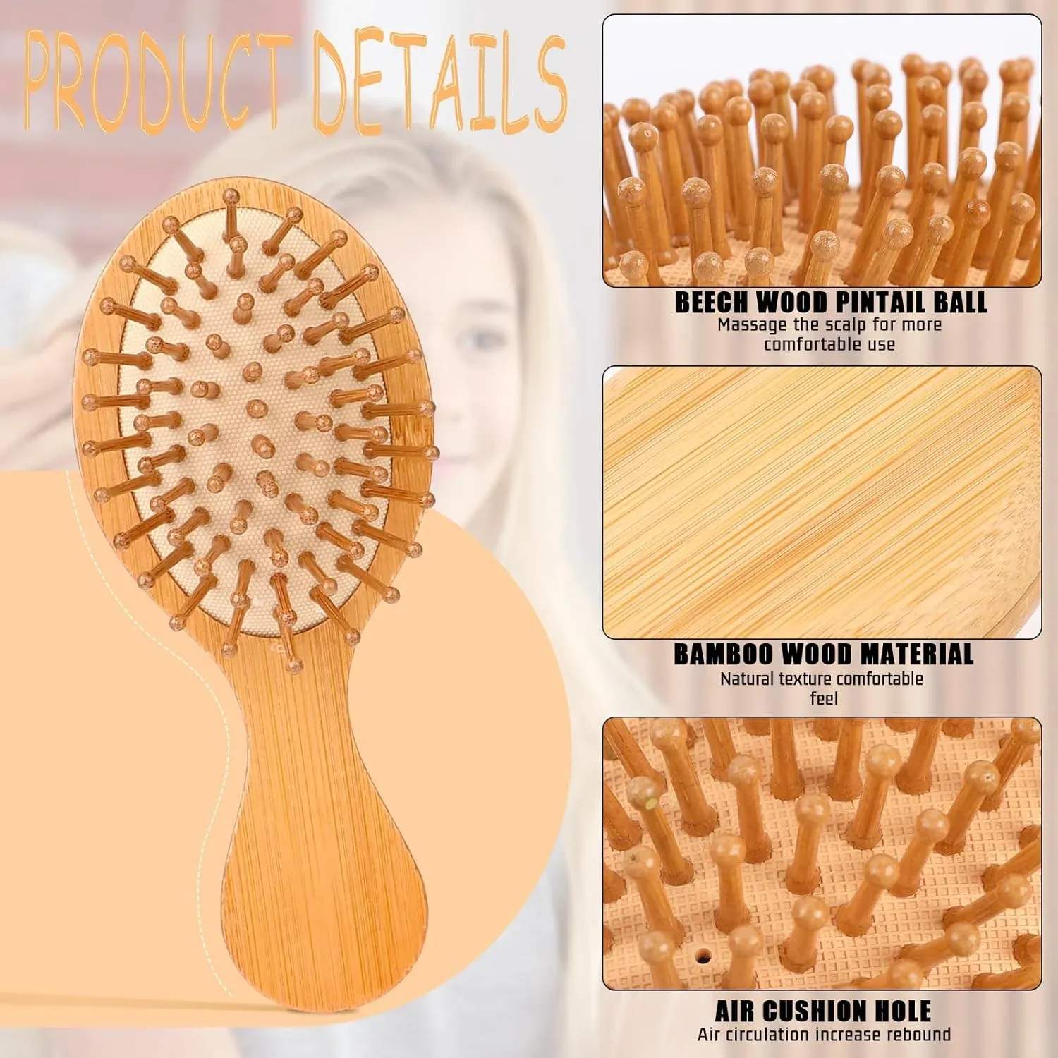 2 Pcs Mini Bamboo Hair Brush Set, Anti Static Detangling Scalp Massage Pocket Comb for Daily Hair Care, Natural Wood — image 3