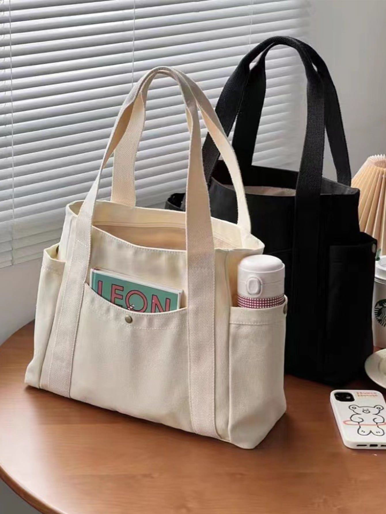 1Pcs Multi-Pocket Canvas Tote Bag โ Large Capacity, Reusable, for Daily Use, Travel, Beach Bag, Office Tote Beige