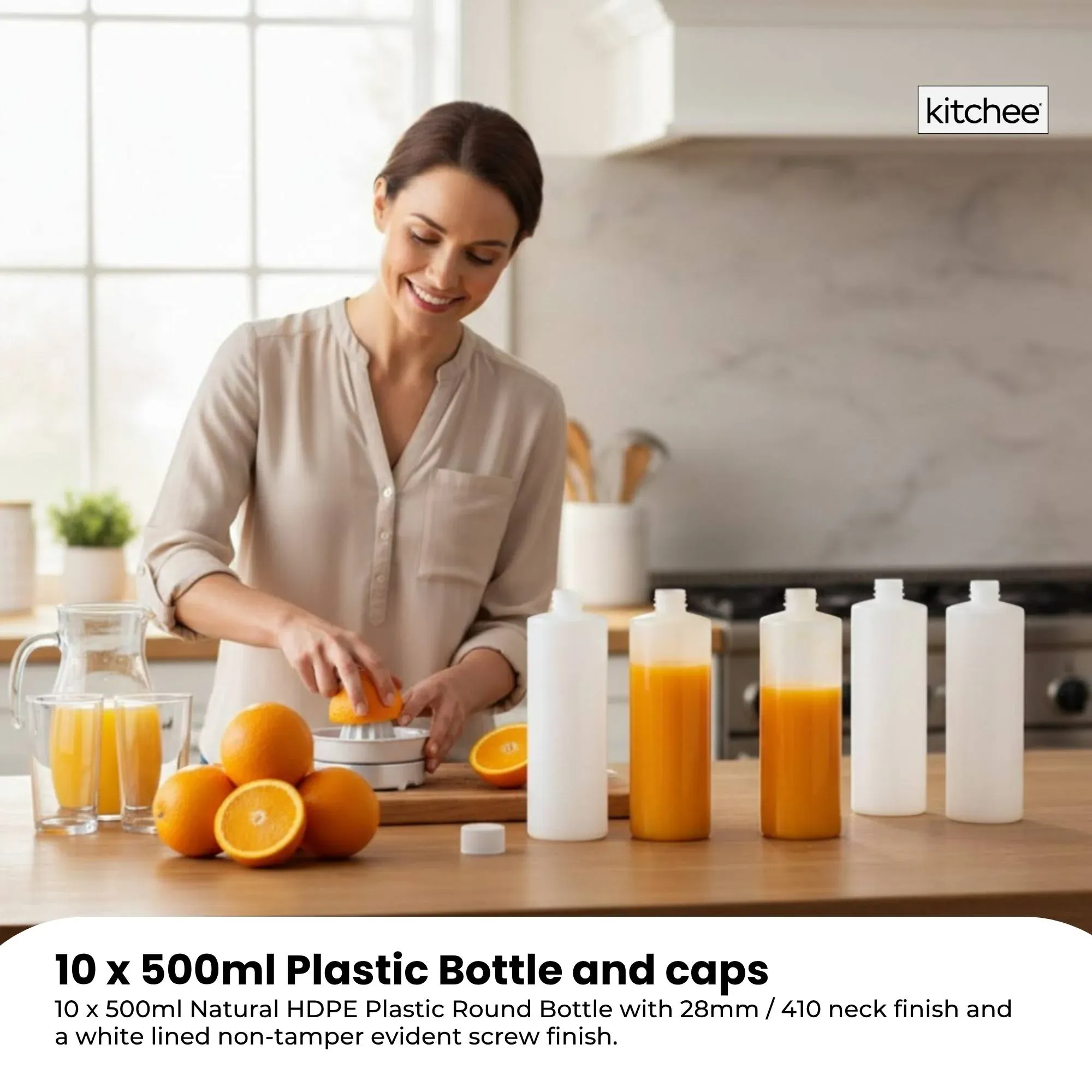 Kitchee 10x 500ml Natural HDPE Round Bottle + 28/410 Caps - Empty Plastic Food Storage — image 2