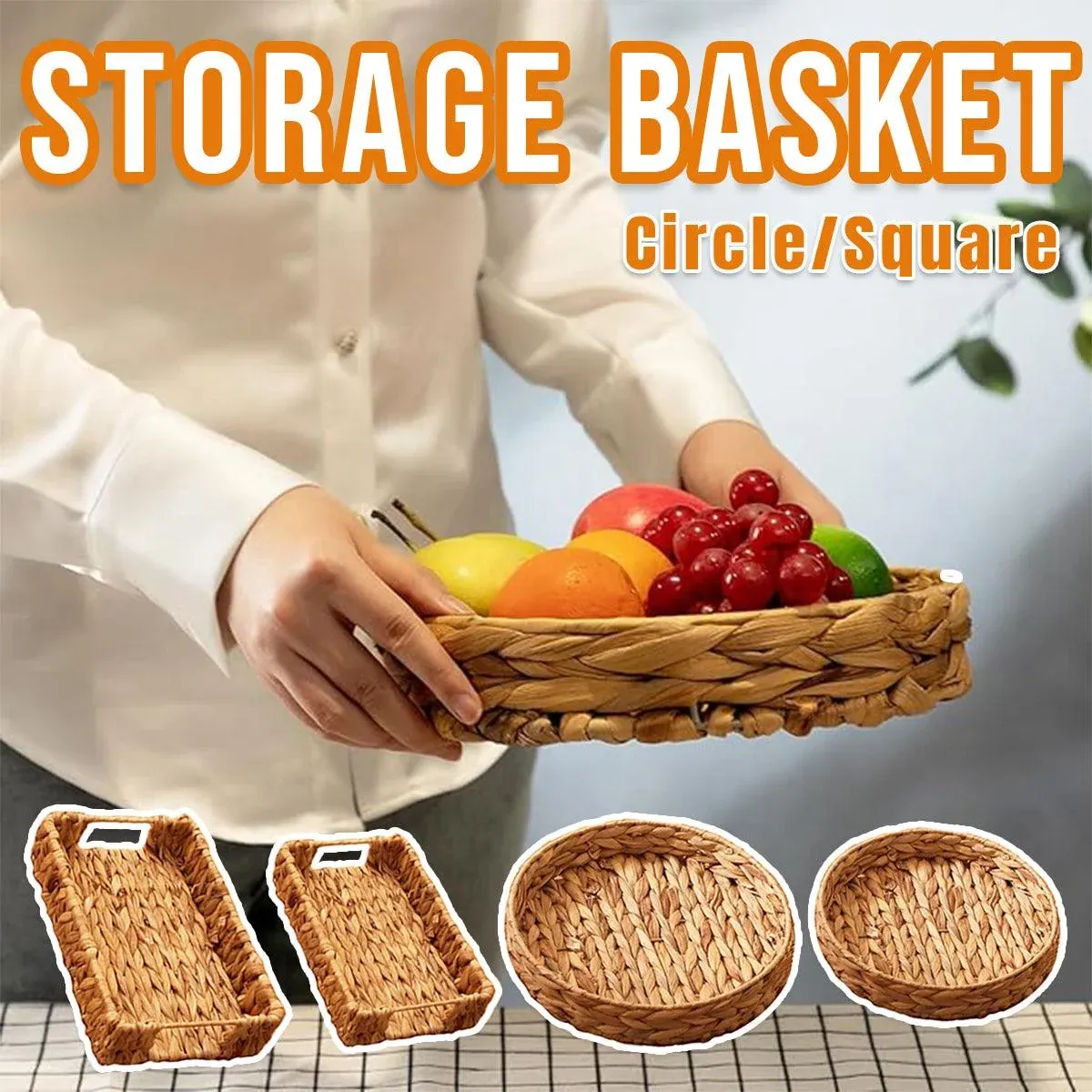 2pcs Rattan Fruit Tray Decorative Storage Trays Multipurpose Shelving Organizer - Circle โ image 2