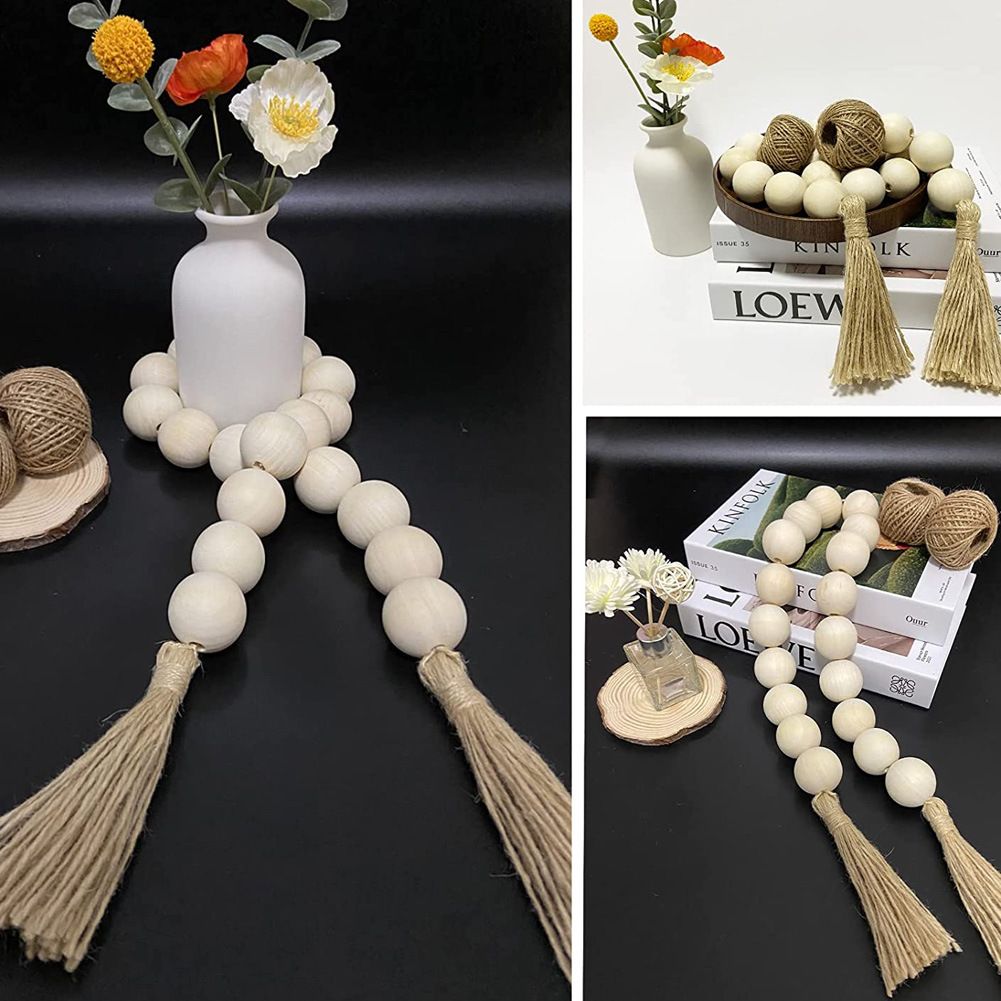 Wooden Beads and Tassels,Long Rustic Farmhouse Country Decorative Beads for Home Tiered Tray Decor, Natural Beige(Round bead 98cm) — image 4
