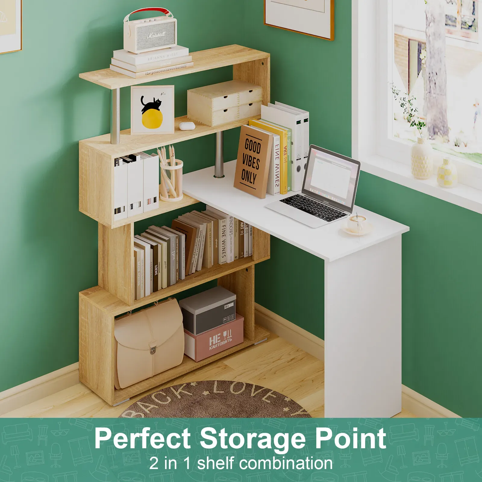 Adjustable Computer Desk with Storage Shelving in White Jointed Oak, 131 × 86 × 106cm — image 5