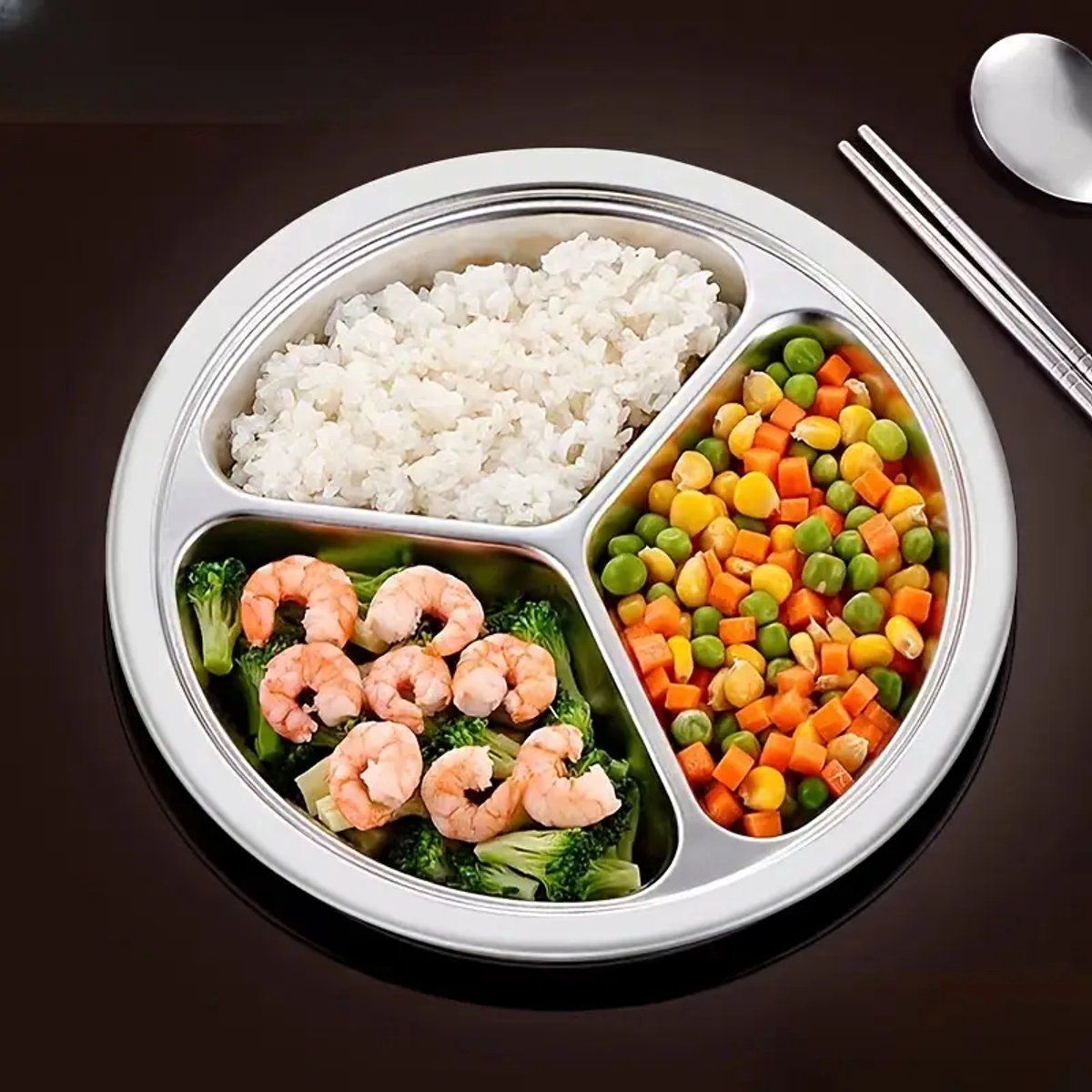 4 Pack Stainless Steel Divided Dinner Plates, 3 Compartment Round BPA Free Portion Trays For Kids And Adults, Camping Picnic, Silver, 23.5 cm โ image 4