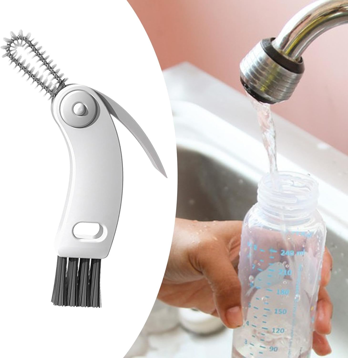 3-in-1 Bottle Cleaning Brush with Lid Brush, Crevice Scraper and Nylon Bristles for Cups, Tumblers and Water Bottles, Grey and White — image 5