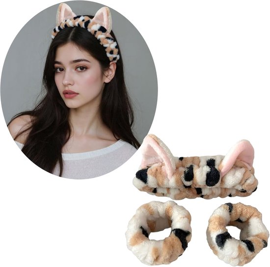 Headbands - 3-Piece Set - Wristbands - Cute Cat Headbands and Wristbands - Designed for Women - Face Cleanser and Makeup for Girls - Plush Hair Ties and โ image 3