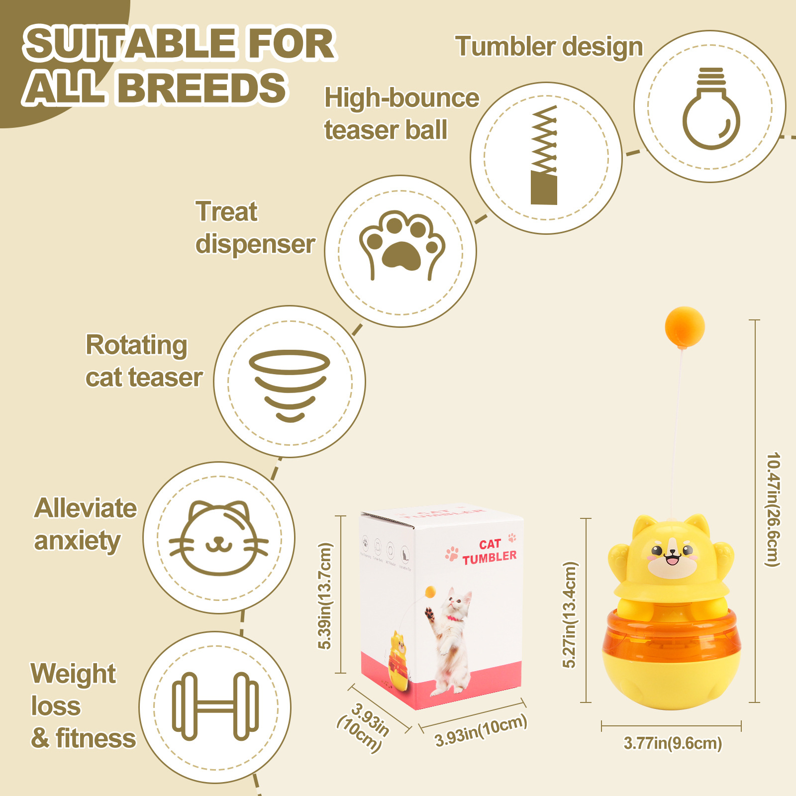 Yellow 3-in-1 Interactive Cat Toy - Tumbler, Treat Dispenser, Track & Teaser Ball — image 3