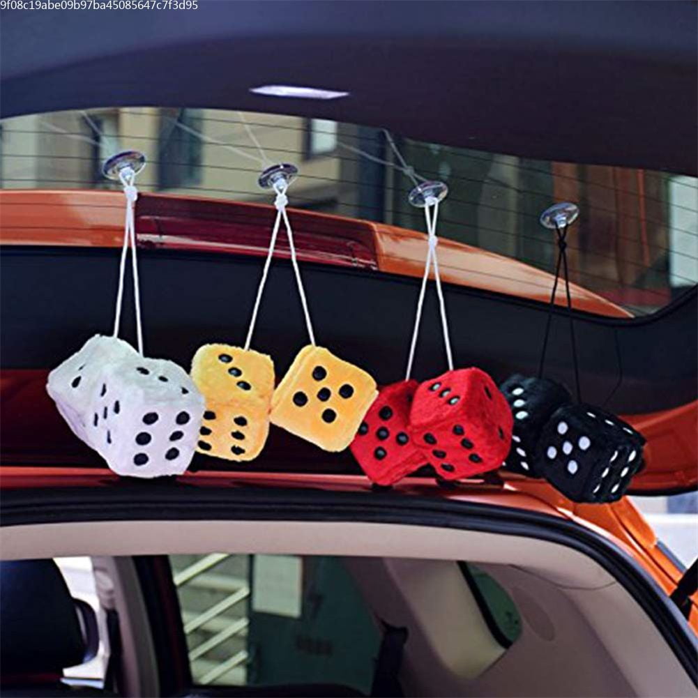 1 Pair of Retro Square Mirror Hanging Couple Fuzzy Plush Dice with Dots For Car Interior Ornament Decoration One Size White โ image 5