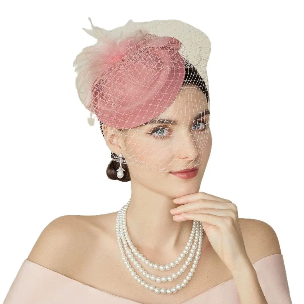 Female headwear accessories, bridal hat, veil, evening gown, hair accessories, retro mesh hat, theme party, headdress nude pink — image 3
