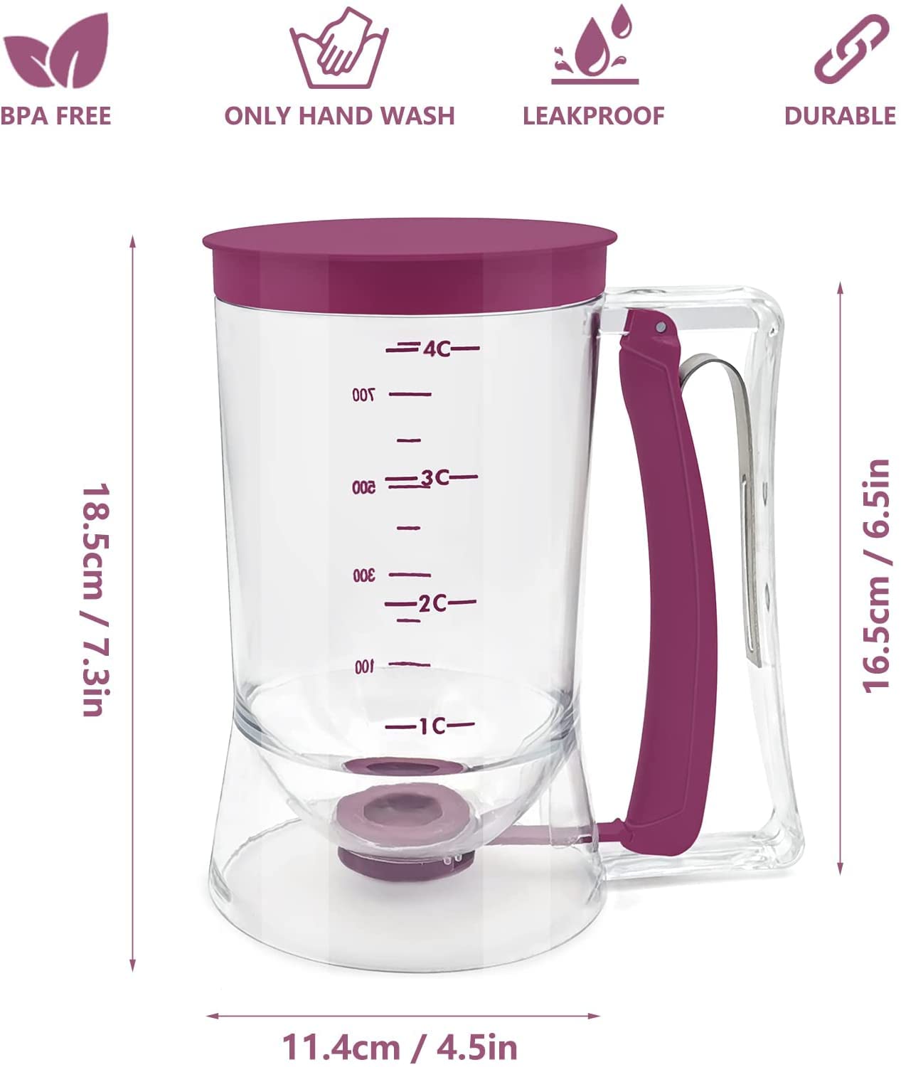 Batter Dispenser with Measuring Marks – 900ml Cake Mix Pourer for Cupcakes, Pancakes, Muffins, Waffles & More (Purple) — image 6