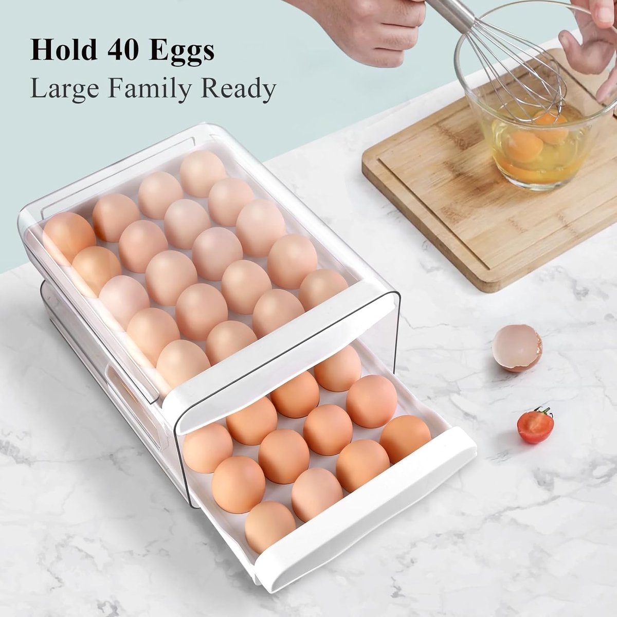 Egg carton - Egg storage box - Kitchen storage box - Double-layered, stackable - Suitable for 40 eggs - Transparent plastic egg holder - 28 × 22 × 12 cm — image 4