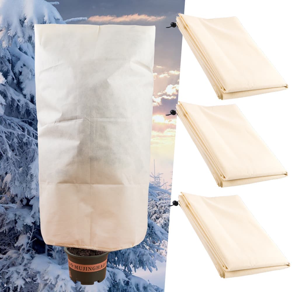 3-Pack Winter Plant Protection Frost Cover with Drawstring, Reusable Durable for Outdoor Plants Fruit Trees Potted Plants, 80x120cm, Beige
