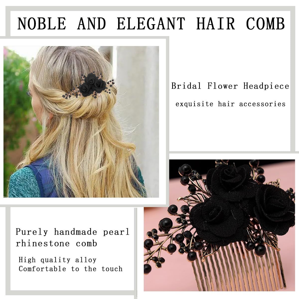 2 PCS Flower Hair Comb Black Bridal Wedding Hair Side Combs Black Rose Floral Rhinestone Pearl Headpiece Vintage Decorative Girl Women Hair Accessories for — image 3