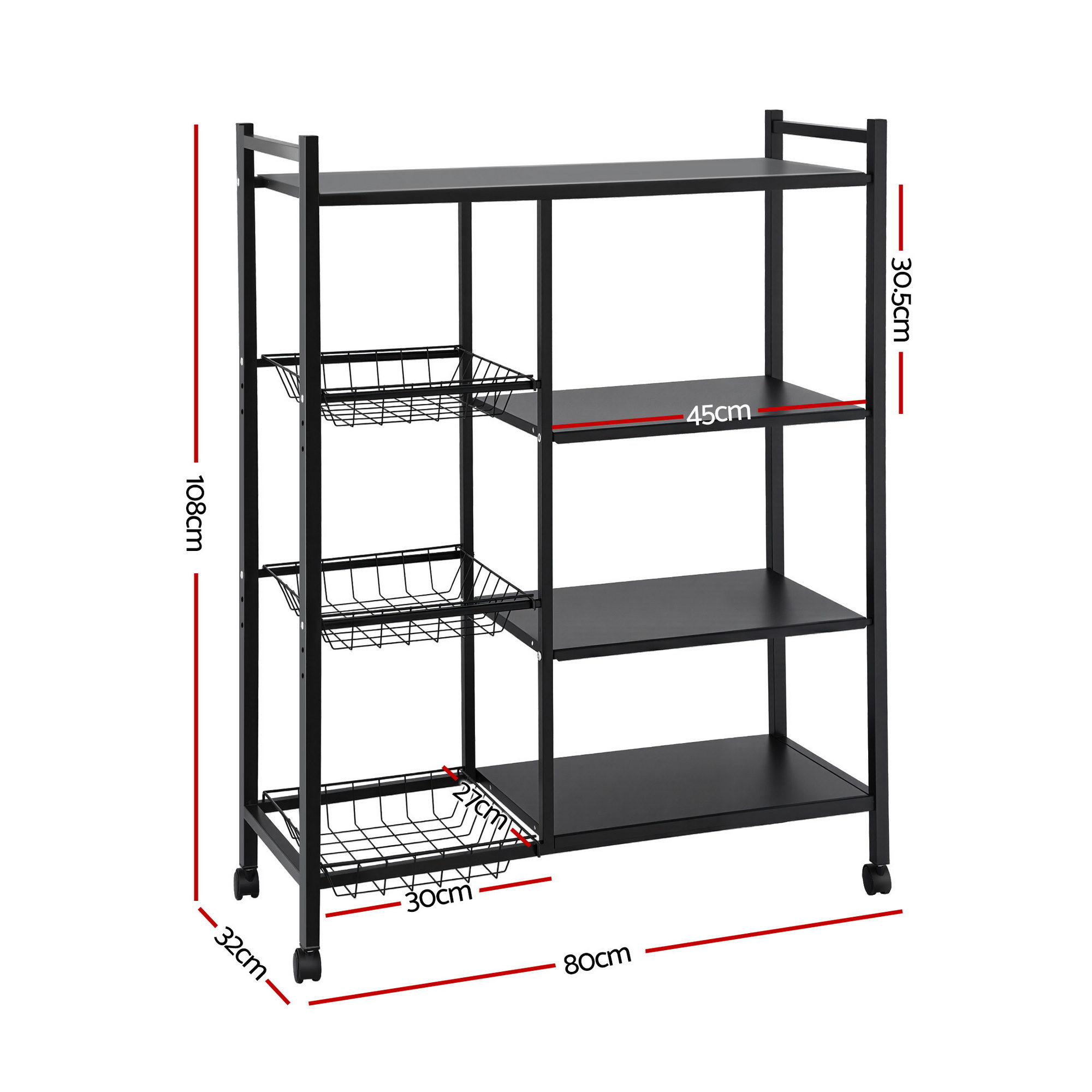 Artiss 4-Tier Kitchen Rack Microwave Bakers Storage Shelf with 3 Baskets Wheels — image 3