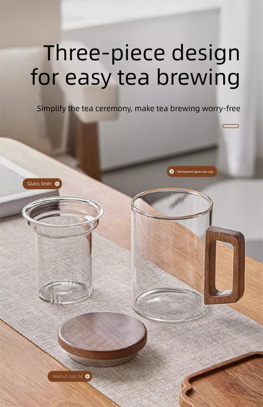 400ml Smoky Grey Borosilicate Glass Tea Mug with Infuser and Wooden Handle Loose Leaf Teacup for Office โ image 3
