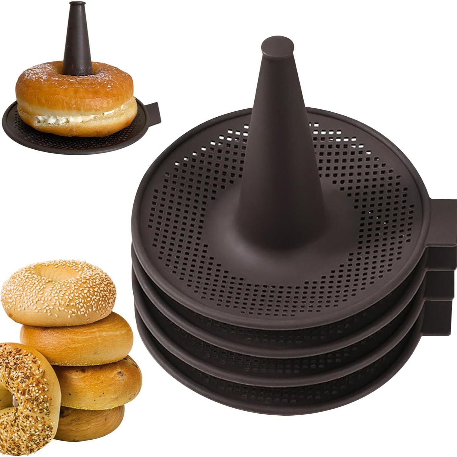 Silicone Donut Baking Mould for Homemade Baking - Heat Range -30โ to 230โ, Non Stick Pastry Pans with Perforated Base & Cone Centre (5pcs Coffee)
