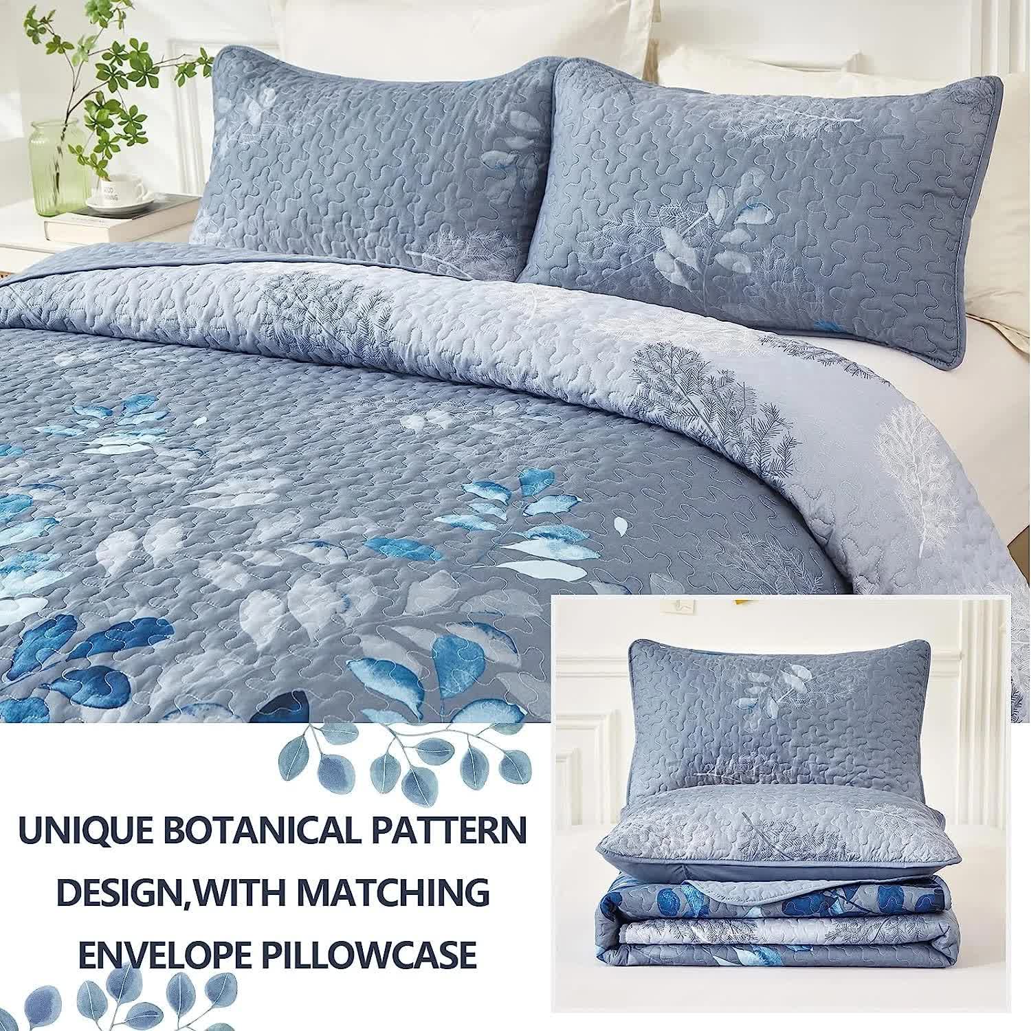 Blue Garden Coverlet Set with Quilted Floral Pattern and Pillowcases โ image 4