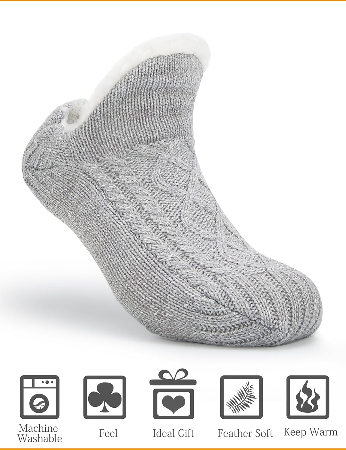 Women Knitted Slipper Socks Cozy Sherpa Fuzzy Non Slip Winter Indoor Double Layer Bedroom Grey Medium Wide — image 2