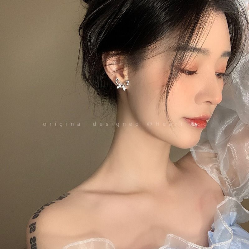 Heart Invisible Clip On Earrings For Women Dangle Gold Crystal Rhinestone Fish Tale Pins Knot Silver White Green Butterfly Brown — image 4