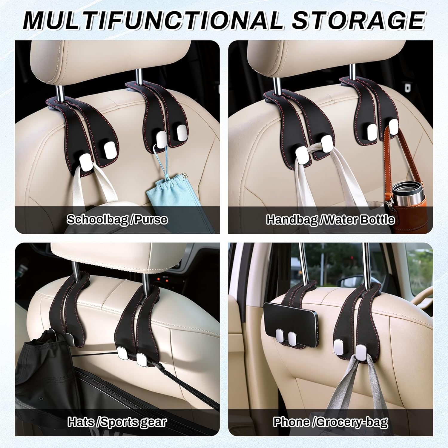 2PCS Car Purse Holder Hook, Seat Back Storage Leather-Wrapped Alloy Double Headrest Hook for Purses & Bags, Cute Interior Accessories Women and Men, Black — image 6