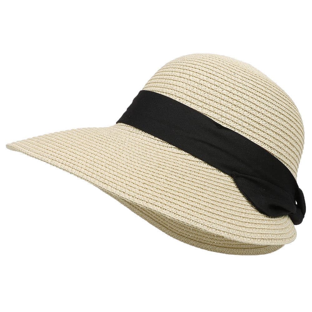 UV-protective Straw Beach Hat Wide Brim Foldable Breathable for Summer Outdoor, Beige