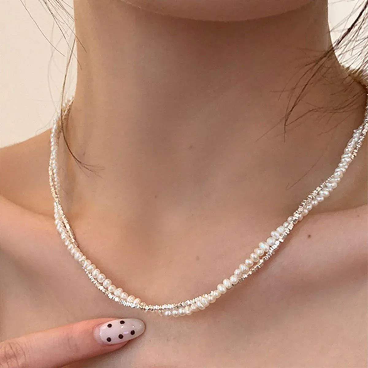 Double Layered Pearl Necklace Bracelet Set Silver Jewelry Women Fashion - Pendant โ image 5